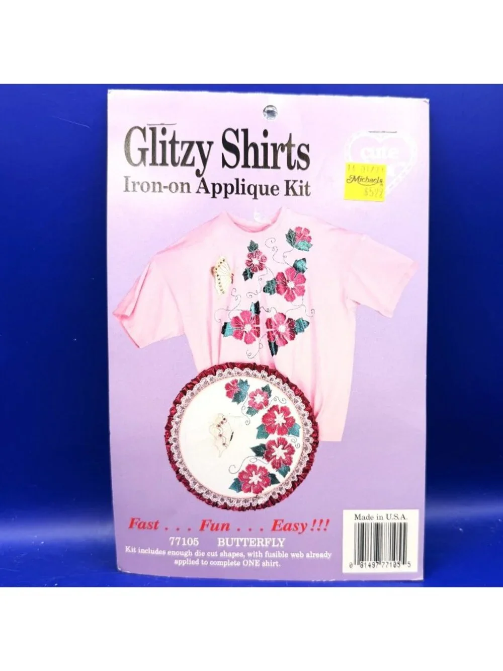 Vintage Glitzy Shirts Iron On Applique Kit Butterfly Floral 77105 Whats New NOS